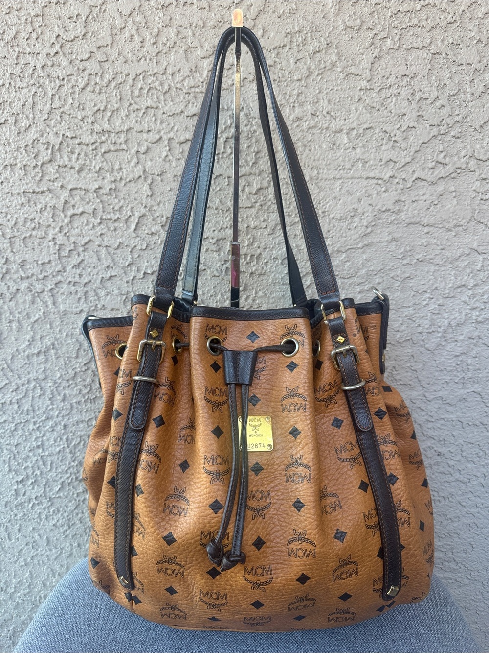 MCM Cognac Visetos Monogram Bucket Shoulder Bag with Black Trim